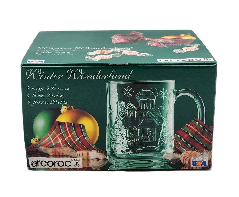 Arcoroc France Winter Wonderland Mugs 9 3/4 oz Crystal Christmas Glass (4) USA